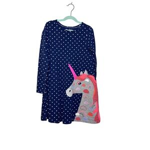 Mini Boden‎ Girls Navy Unicorn Polka Dot Long Sleeve Swing Dress Size 8-9 Years